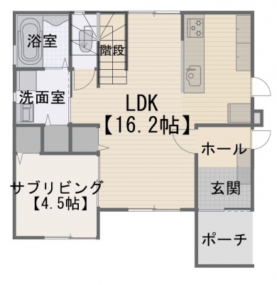 間取り図（販N)　リビング階段・対面式キッチンで家族の会話が弾みます。LDKの横のサブリビングは、色んな使い方が出来そうですね。