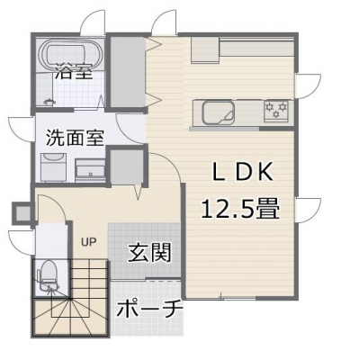 間取り図（販N)　1階は12.5帖LDKと水回り。キッチンまわりに収納を確保。