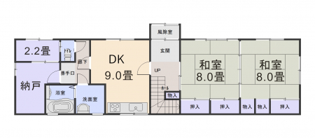 間取り図（販１戸建）　1階は9帖のダイニングキッチン、8帖の和室が2部屋です。納戸あり。