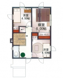 間取り図（販N)　2階は居室3部屋。全居室収納あり。2階トイレあり。