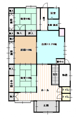 間取り図（販１戸建）　1階。広いダイニングキッチンと、居間、和室2部屋。