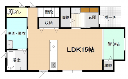 間取り図（販N)　LDKには3帖の畳スペース。リビング(畳スペース)とキッチンに収納を設けました。
