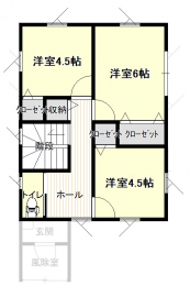 間取り図（販N)　2階全居室収納あり。2階トイレ前のホールは、物干しスペースにも使えます。