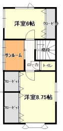 間取り図（販１戸建）　2階は洋室が2部屋。サンルームとトイレもあります。