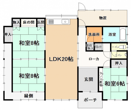 間取り図（販１戸建）　1階は20帖のLDKのほか和室3部屋。物置もあり。