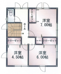 間取り図（販N)　2階は洋室3部屋。トイレ前に少しスペースがあります。
