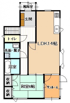 間取り図（販１戸建）　LDK隣に和室があります。サンルームは日当たりが良く、洗濯物干しに適しています。