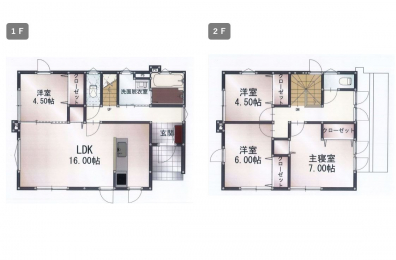建物プラン例（間取り図）　2階建4LDK30坪プラン。リビング横にお部屋があると、洗濯物を畳んだり、お子様のお昼寝スペースにしたりと使い勝手が良いです。