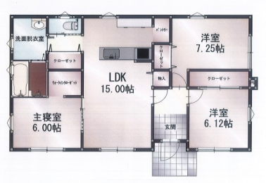 建物プラン例（間取り図）　平家25坪3LDKプラン。建物面積25坪(83.01m2)
