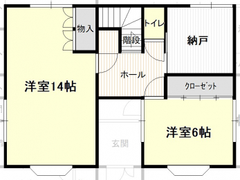 間取り図（販１戸建）　2階は洋室2部屋と納戸。4.5帖の大きな納戸で、たっぷり収納できます。